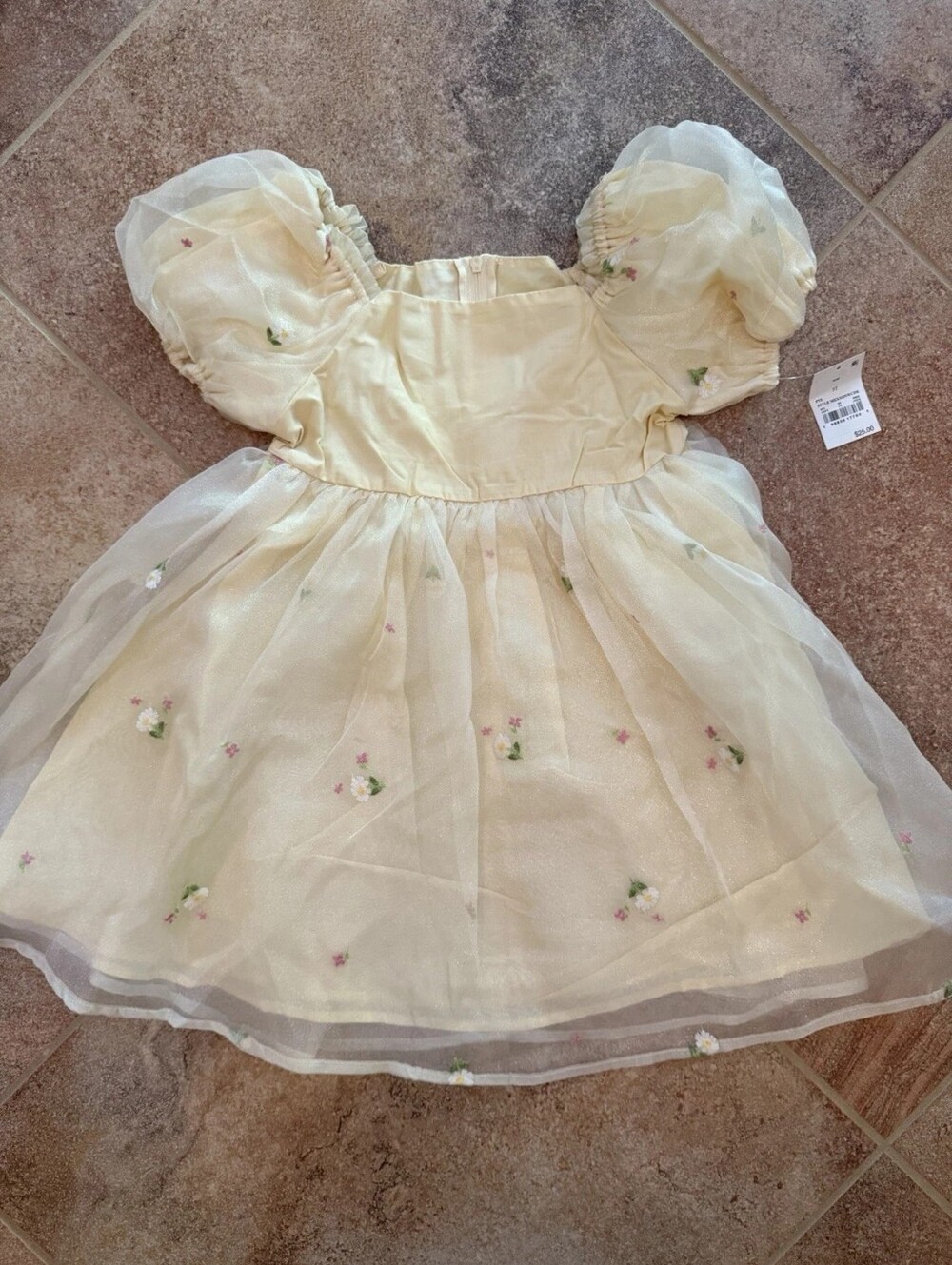Yellow Sheer Floral Puff Sleeve Dress